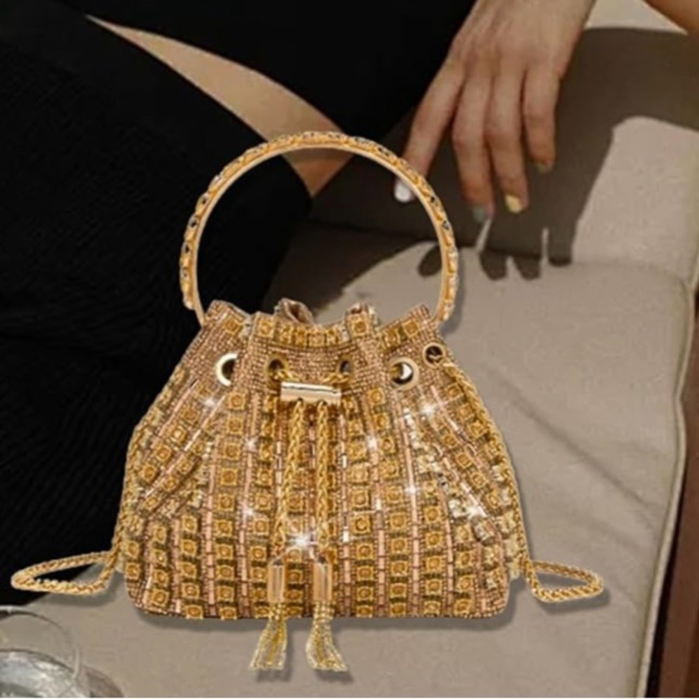 Sparkly Diamond Rhinestone Bucket Bag – Champagne Gold Evening Glam SBL Gold ❤️ - Picture 3 of 16